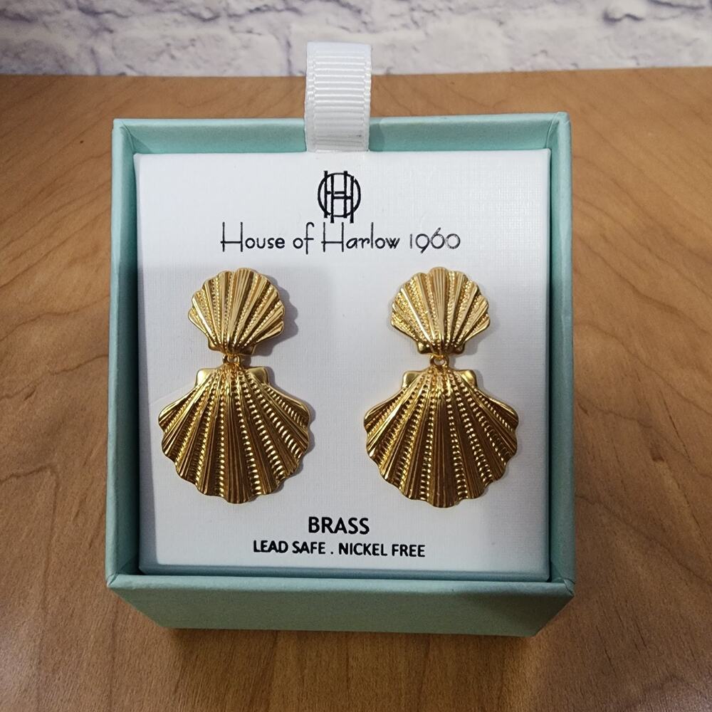 HOUSE OF HARLOW 1960 Gold Tone Clam Shell Pierced Dangle Hanging Earring NIB